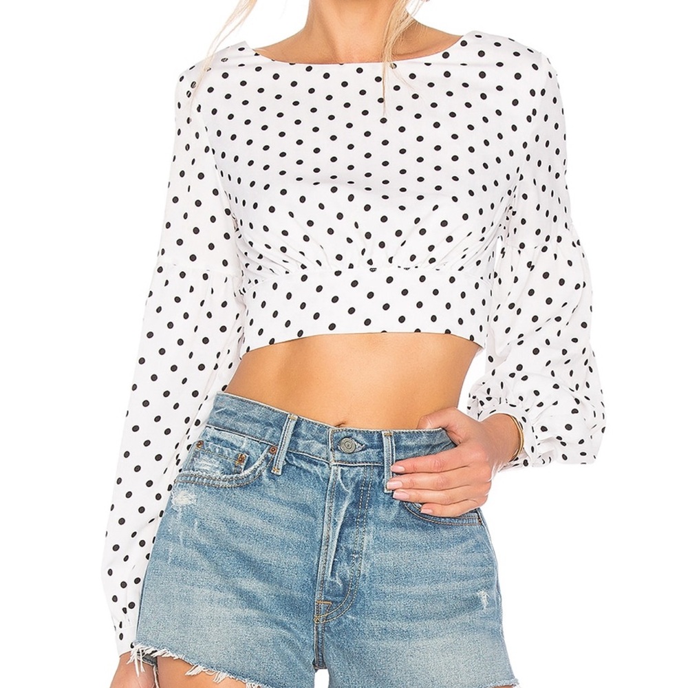 SUPERDOWN Yasmin Tie Back Crop Top Polka Dot Long Sleeve